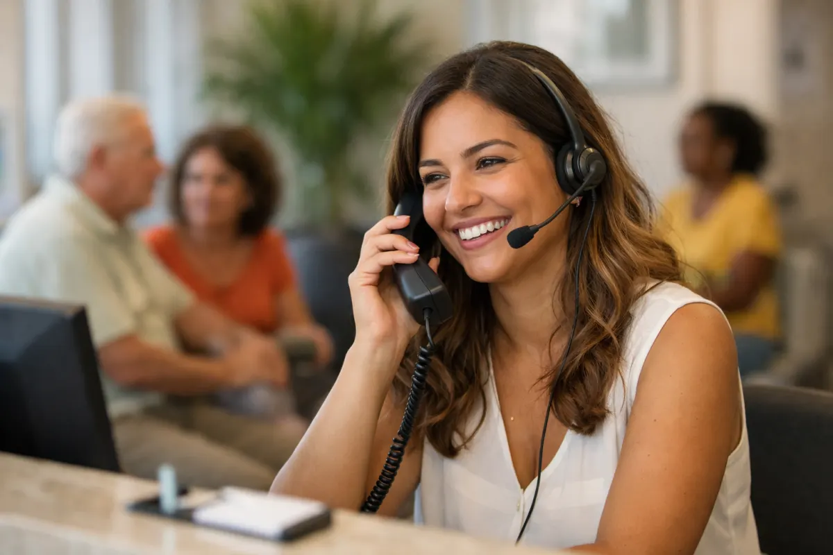 Recepcionista de clínica com fone de ouvido falando ao telefone no balcão