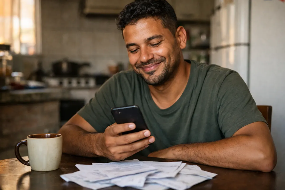 Rapaz na mesa da cozinha olhando o celular ao lado de contas de papel