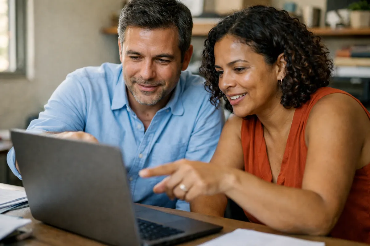 Dois sócios comparando opções no notebook em um escritório pequeno