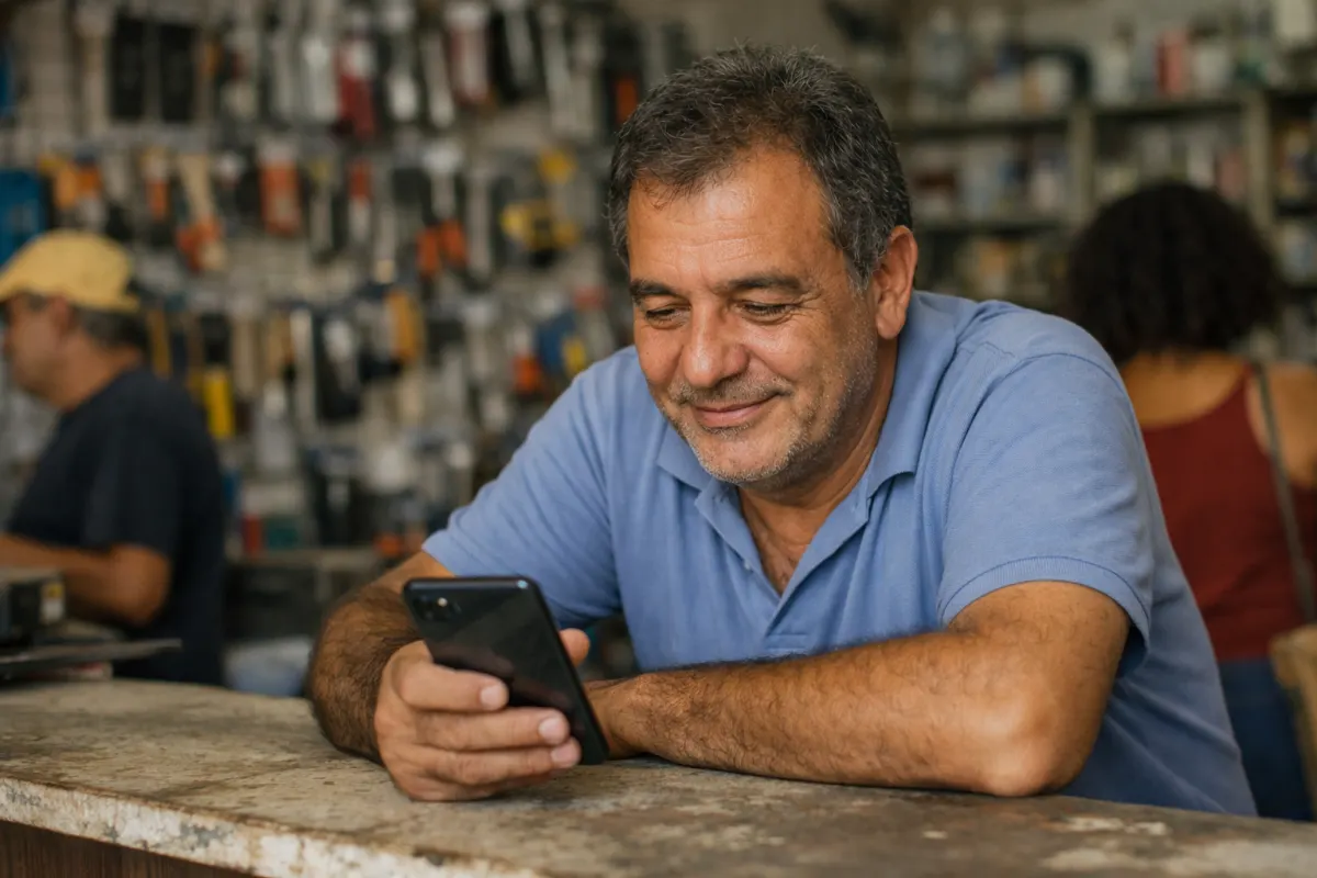Dono de loja de materiais de construção usando o celular no balcão