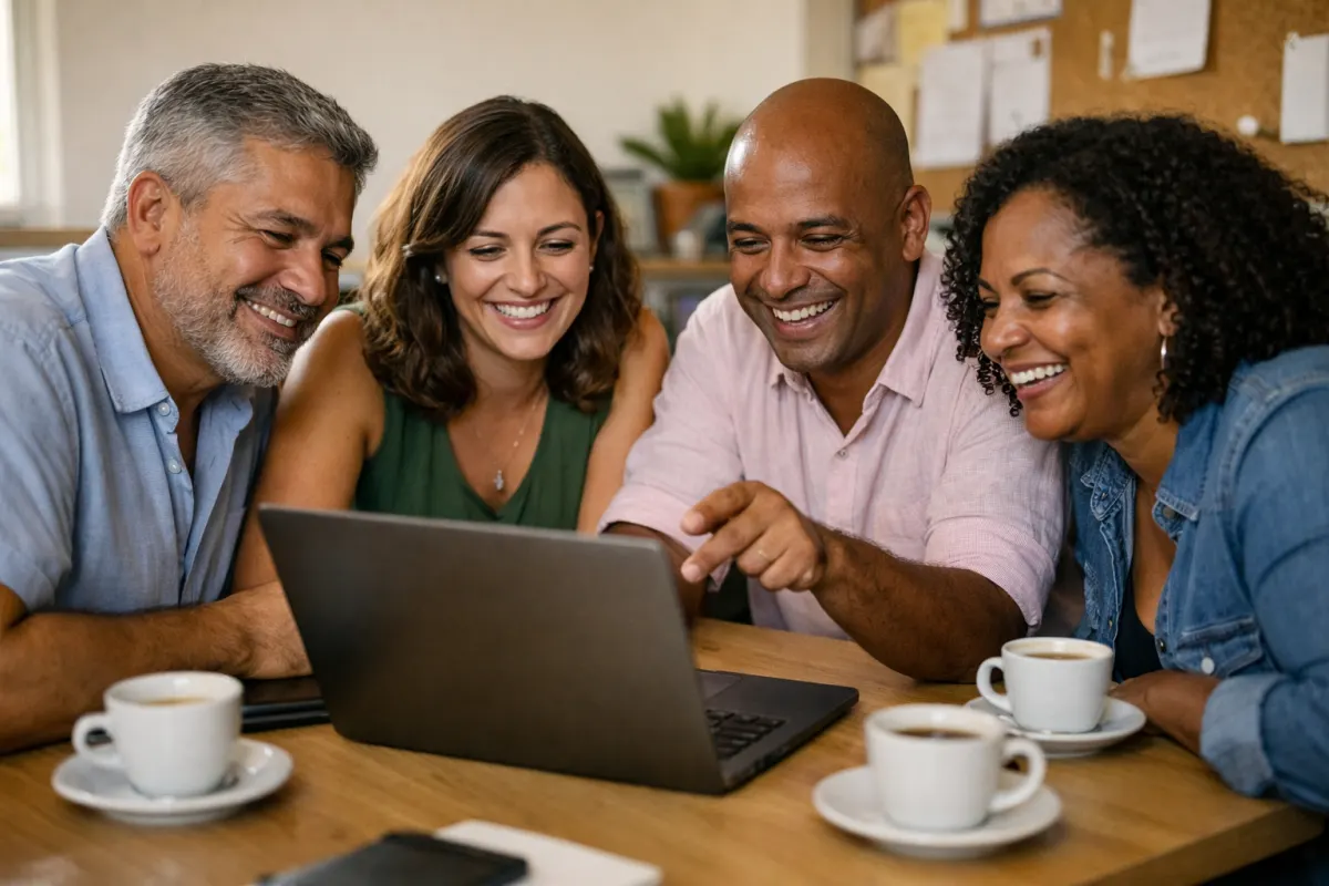 Equipe comercial reunida em volta de uma mesa olhando resultados no notebook