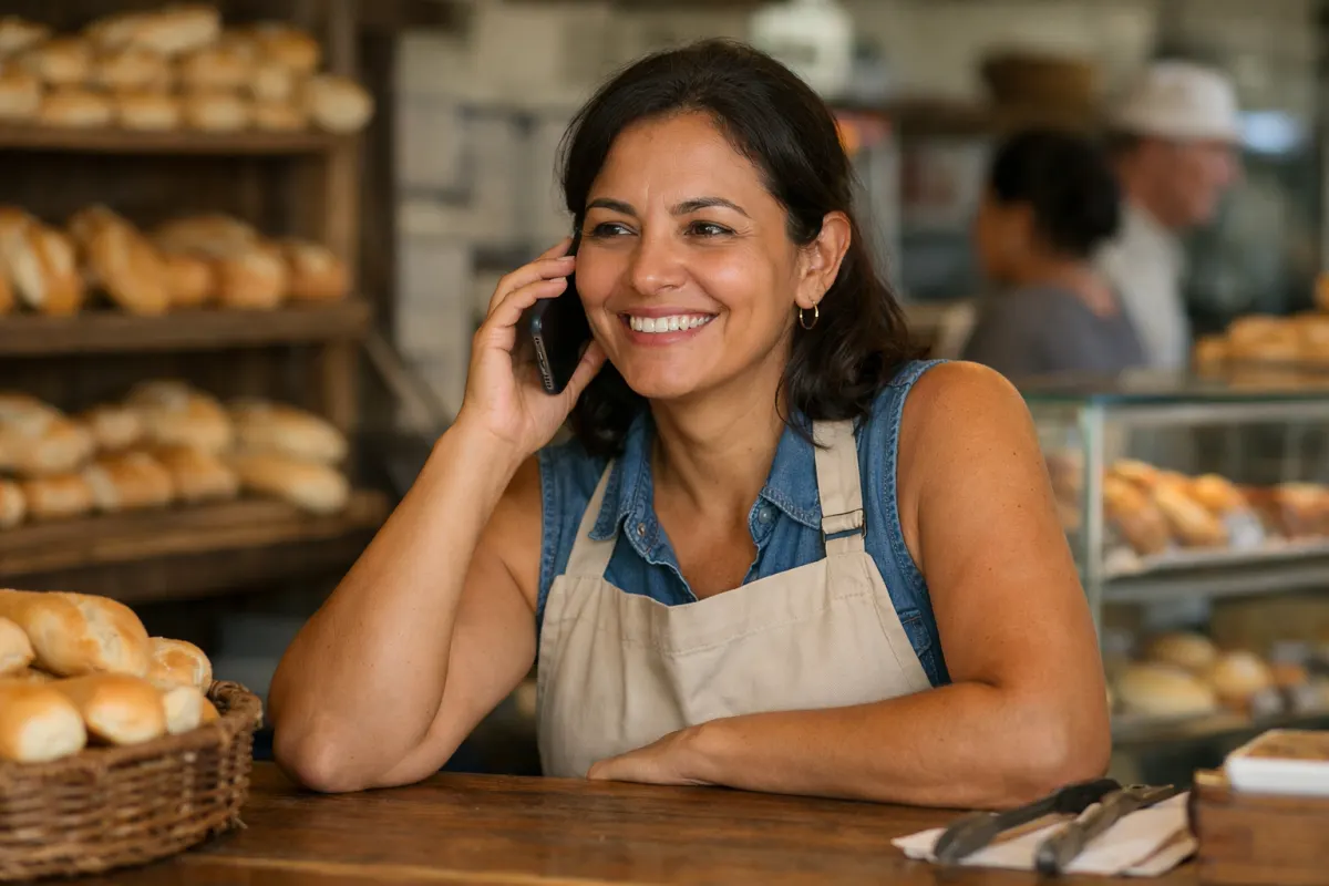 Dona de padaria sorrindo enquanto atende o celular atrás do balcão