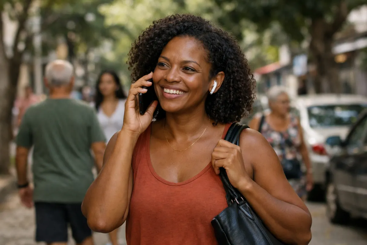 Mulher caminhando na rua falando ao celular com fone sem fio