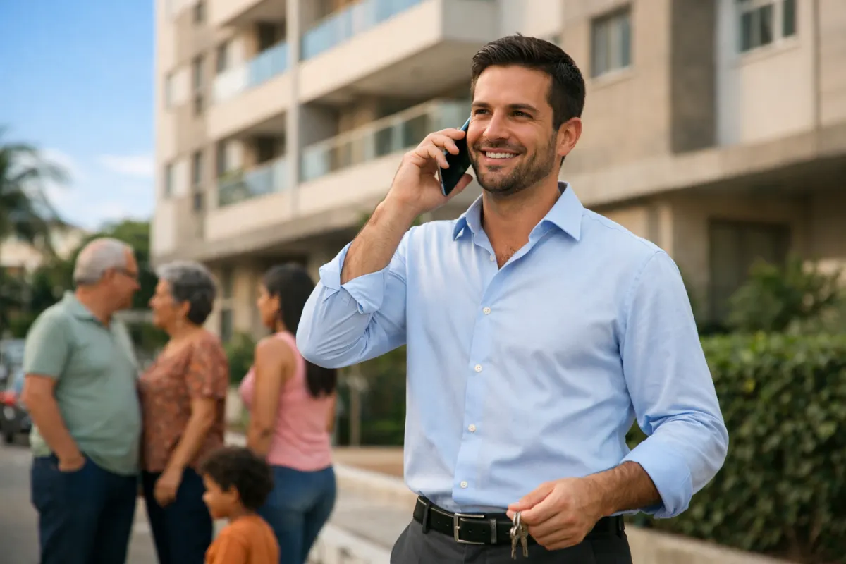 Corretor de imóveis falando ao celular em frente a um prédio residencial