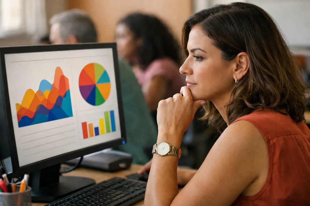Gestora analisando gráficos no monitor do escritório
