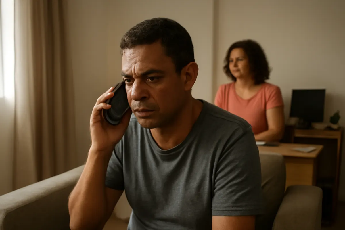 Homem brasileiro atendendo ligação em casa enquanto outra pessoa acompanha a operação em escritório