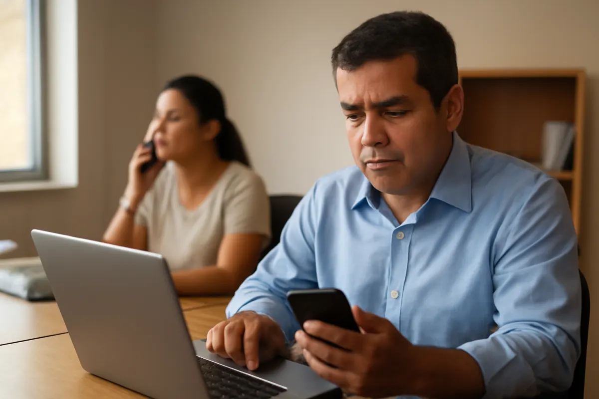 Gestor e atendente analisam chamadas e um celular em ambiente de trabalho profissional