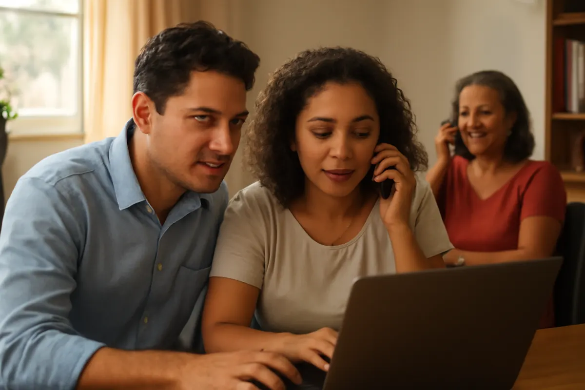 Equipe comercial e cliente em casa em uma cena de ligação de campanha com foco no horário ideal