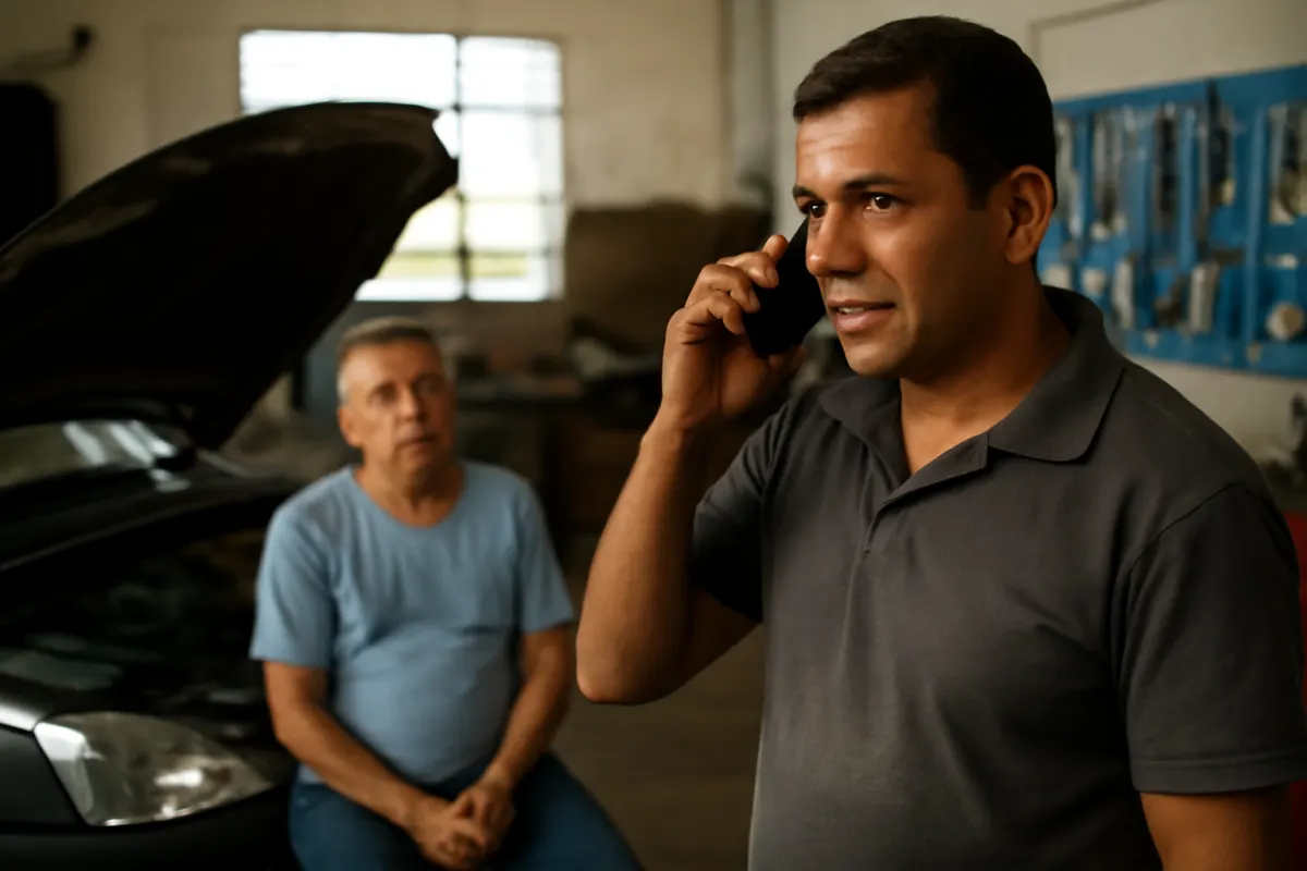 Dono de oficina mecânica falando ao celular com cliente aguardando na recepção