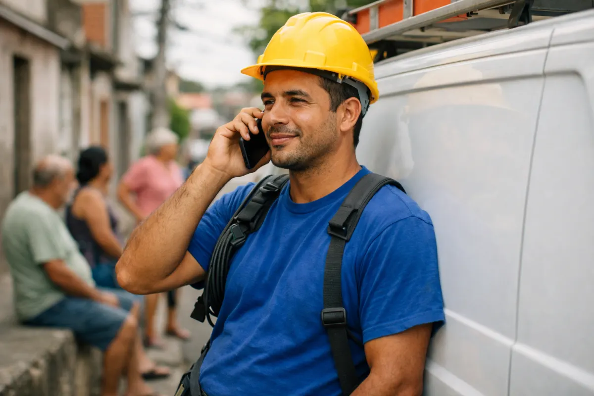 Técnico de provedor de internet atendendo o celular ao lado da van de trabalho
