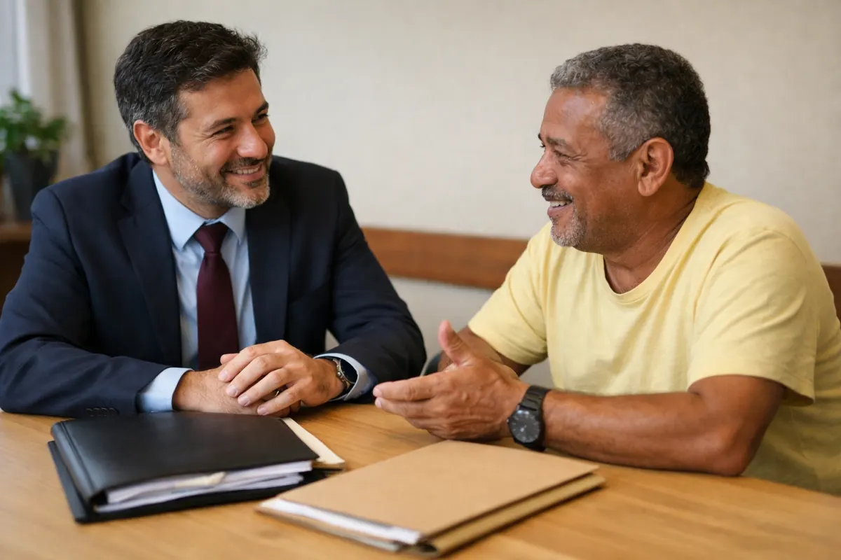 Advogado e empresário conversando em uma sala de reunião