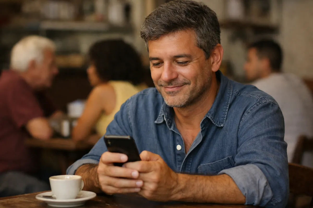 Homem lendo uma mensagem no celular sentado em uma cafeteria